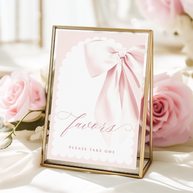 Póster Pretty Pink Bow Baby Shower Favors Table Sign (Subido por el creador)