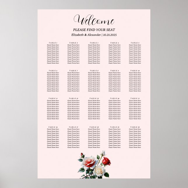 Póster Pretty pink white red roses seating chart (Frente)