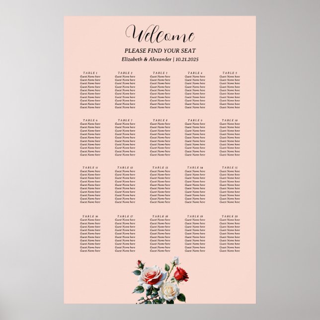 Póster Pretty pink white red roses seating chart (Frente)