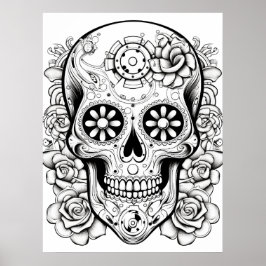 Póster Pretty Sugar Skull Image Black + White Art on Wall