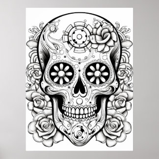 Póster Pretty Sugar Skull Image Black + White Art on Wall