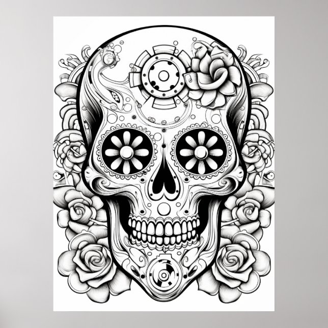 Póster Pretty Sugar Skull Image Black + White Art on Wall (Frente)