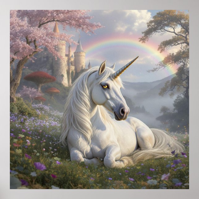 Póster Pretty Unicorn, Castle and Rainbow  (Frente)