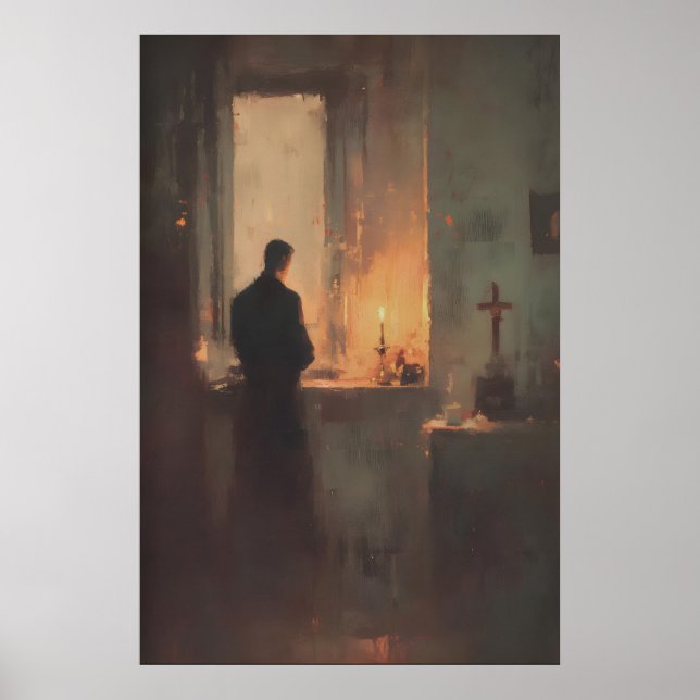 Póster Priest Praying By Candlelight, Christian Wall Art (Frente)