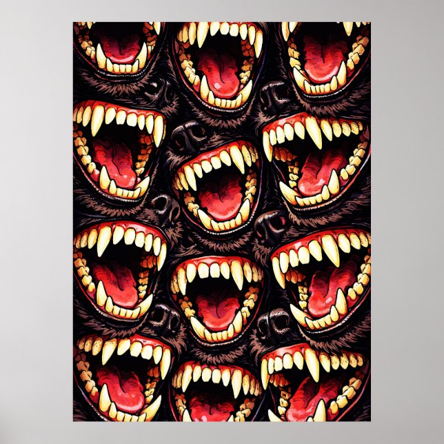 Póster Primal Wolf Pack Snarling Fangs Horror Pop Art (Frente)