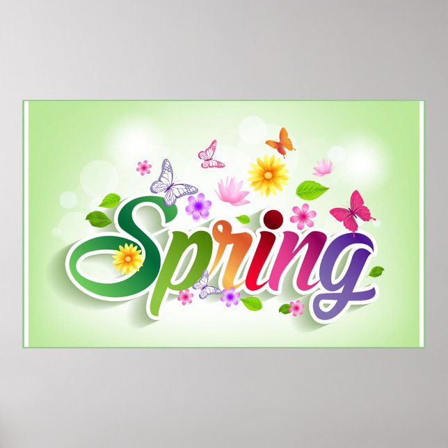 Póster Primavera (A vibrant spring themed graphic with colorful flowers and butterflies.)
