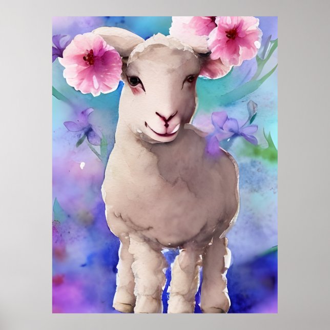 Póster Primavera Cordero de Pascua Floral acuarela (Frente)