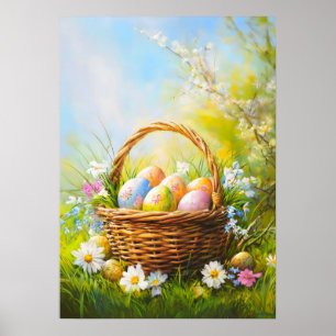 Póster Primavera de la cesta de huevos de Pascua