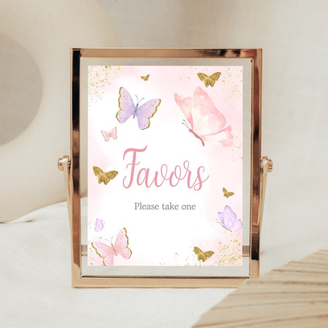 Póster Primavera de mariposa de oro rosa (Purple Gold Butterfly Baby Shower Favors Sign)
