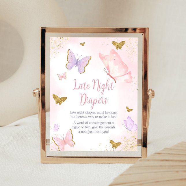 Póster Primavera de mariposa dorada rosada (Purple Gold Butterfly Baby Shower Late Night Diapers Sign)