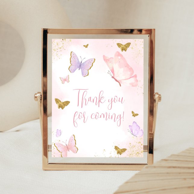 Póster Primavera de mariposa rosada de oro gracias por ve (Purple Gold Butterfly Baby Shower Thank You for Coming Sign)
