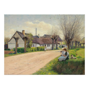 Póster Primavera en el pueblo con niñas en el borde de la