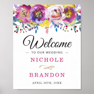 Póster Primavera Fuchsia Gold Watercolor Floral Boda Rótu