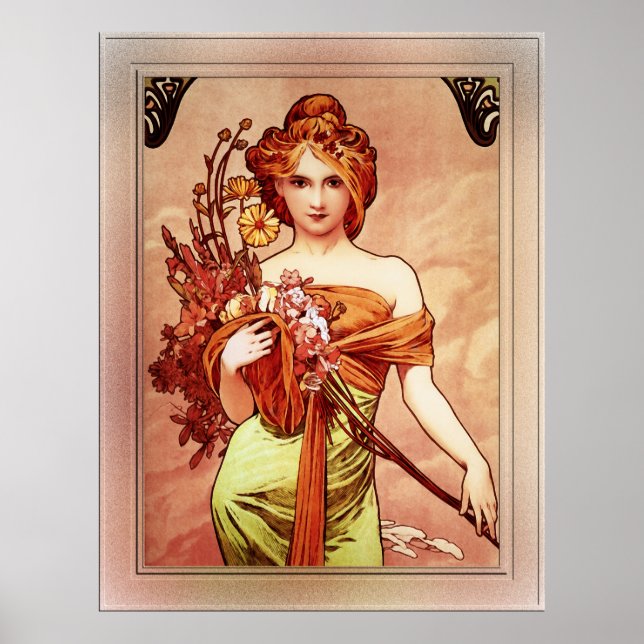 Póster Primavera La Belleza Dorada de Alphonse Mucha (Frente)