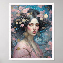 Póster Primavera Rosa Cerezo Blossom Mujer Ojos Azules