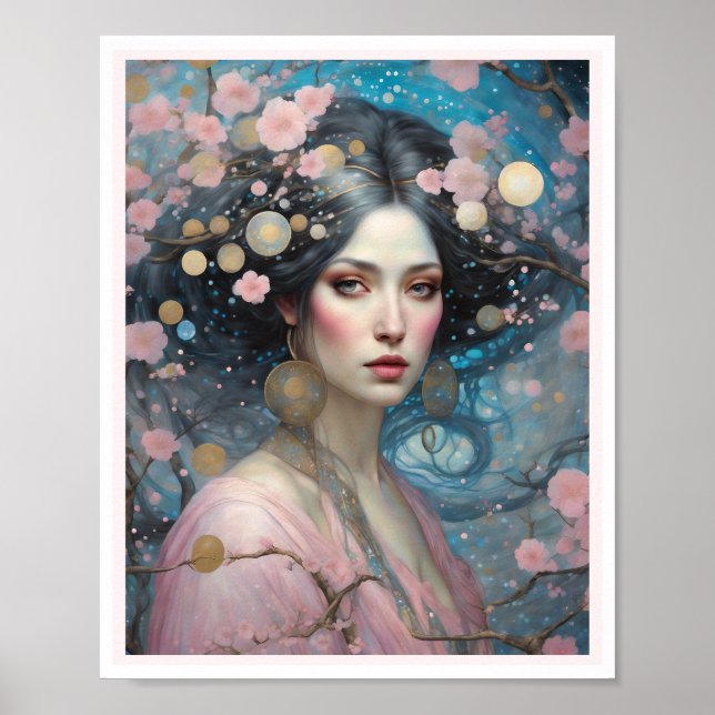 Póster Primavera Rosa Cerezo Blossom Mujer Ojos Azules (Frente)