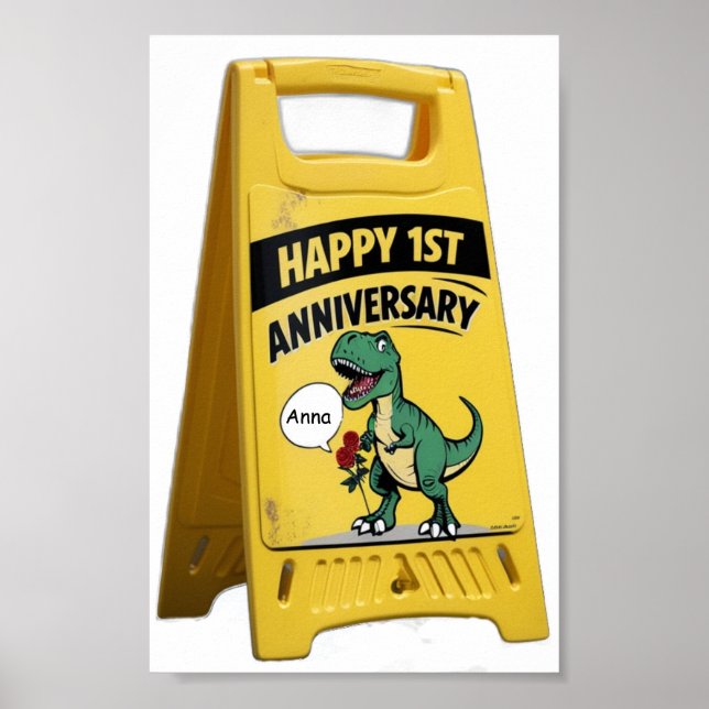 Póster Primer aniversario de T-rex con rosas (Frente)