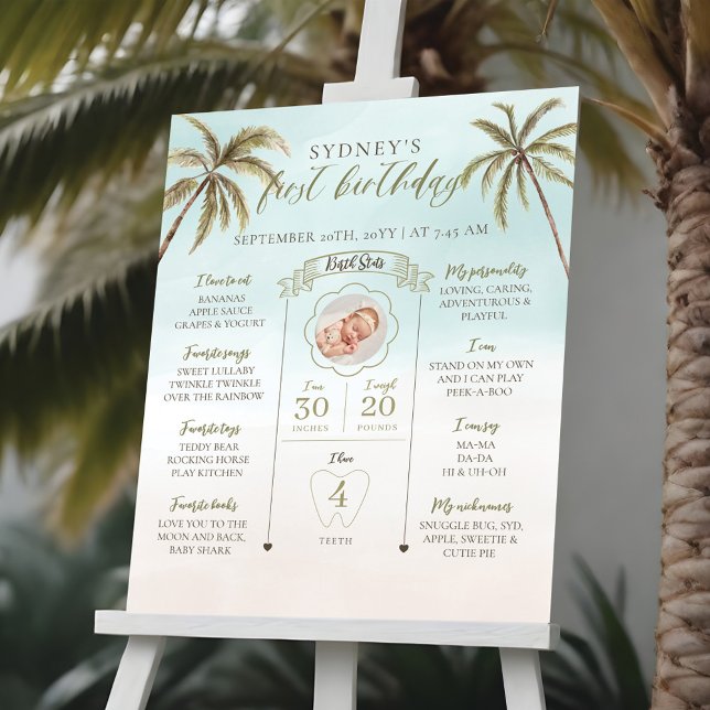 Póster Primer año de nacimiento del bebé (Palm Tree First Year Birthday Baby Milestone Poster)
