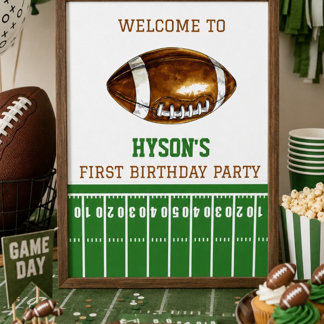 Póster Primer Año en el Campo | Fiesta de Cumpleaños 1er  (First Year Down | Football 1st Birthday Party Poster)