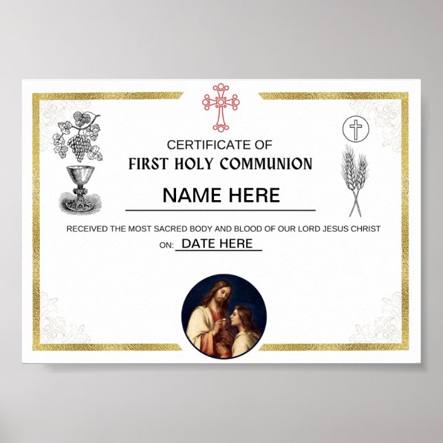 Póster Primer Certificado de la Santa Comunión (personali (Frente)