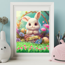 Póster Primer Conejo Cute de Pascua en una canasta person