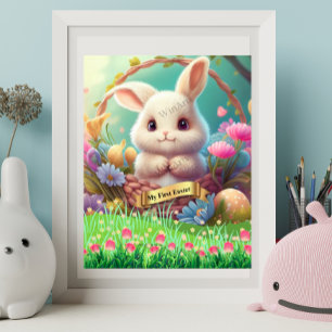 Póster Primer Conejo Cute de Pascua en una canasta person