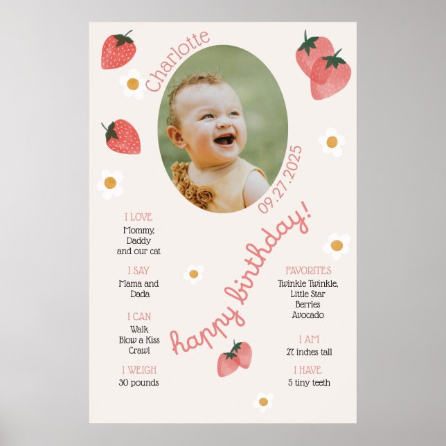 Póster Primer Cumpleaños de Berry Fresa Hito Niña (Frente)