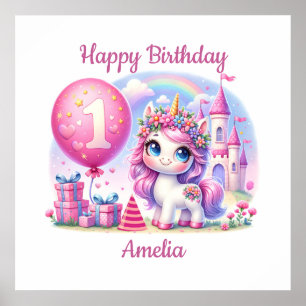 Póster Primer cumpleaños de bonito Unicornio
