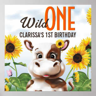 Póster Primer cumpleaños de Cow Sunflower Chica