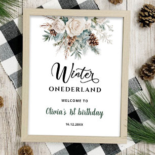 Póster Primer cumpleaños de Evergreen Winter Onederland