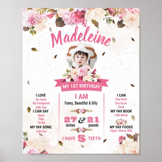Póster Primer Cumpleaños De La Niña Bebé (Frente)