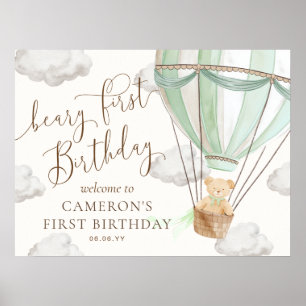 Póster Primer cumpleaños de Teddy Mint Hot Air Balloon Be