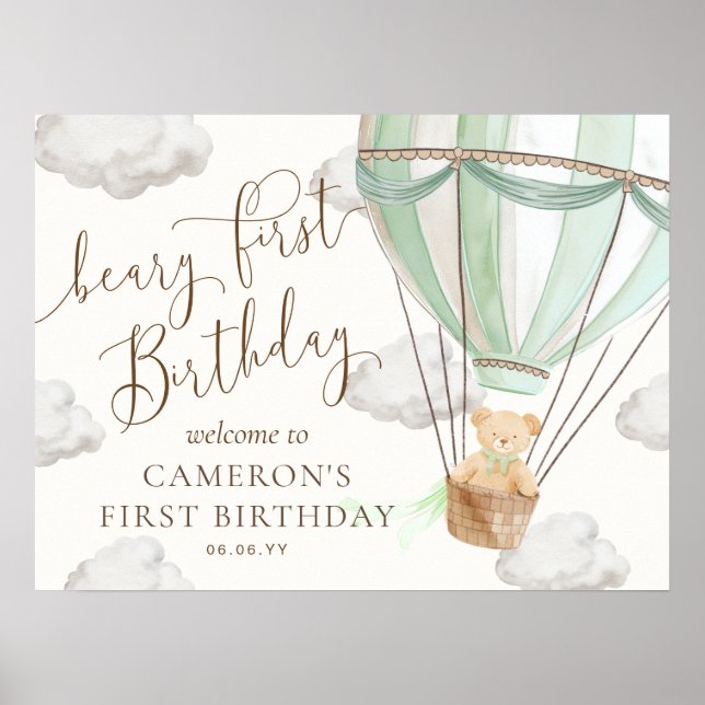 Póster Primer cumpleaños de Teddy Mint Hot Air Balloon Be (Frente)