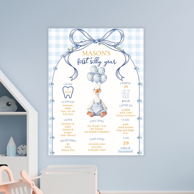 Póster Primer cumpleaños hitos azul Gingham Goose Niño (Subido por el creador)