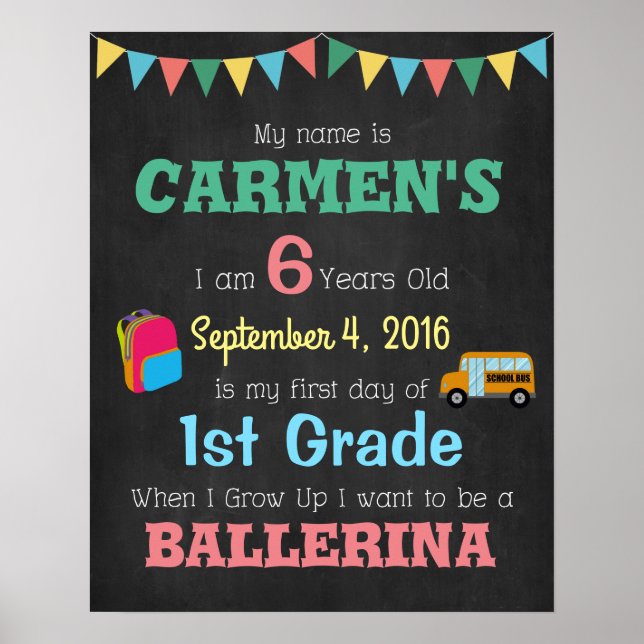 Póster Primer Día De La Escuela Carteles Infantiles Para  (Frente)