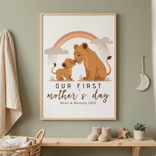 Póster Primer Día de las Madres León Cálido Mamá Bebé Art