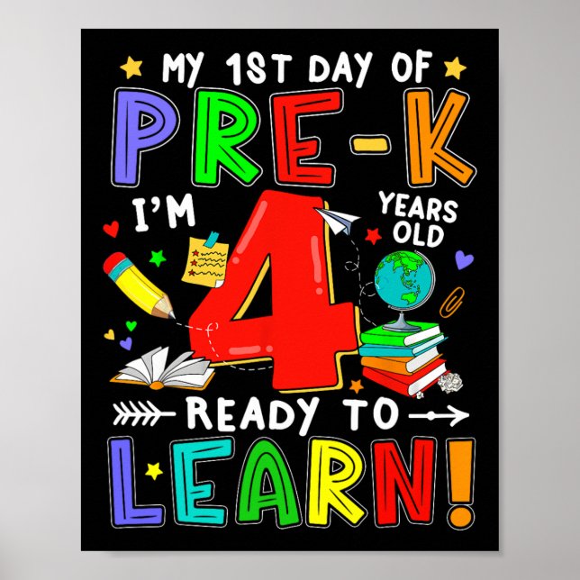 Póster Primer Día De Pre-k 4 Años Listo Para Aprender Niñ (Frente)