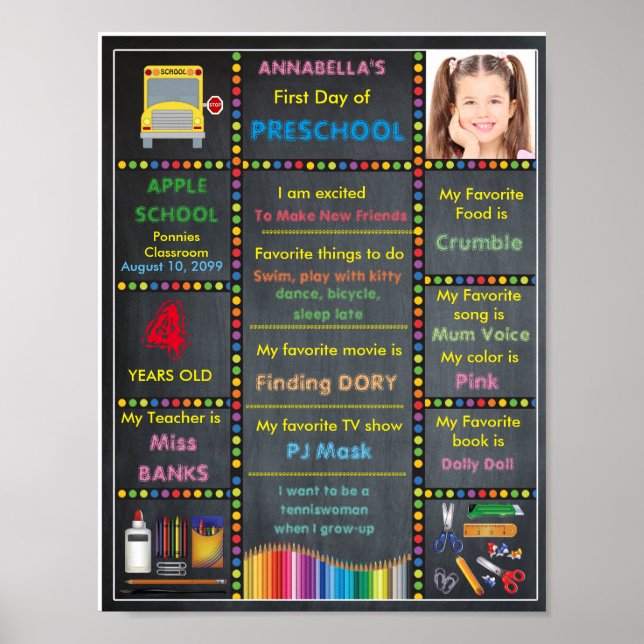 Póster Primer día de preescolar, CHICA de fotos con carte (Frente)