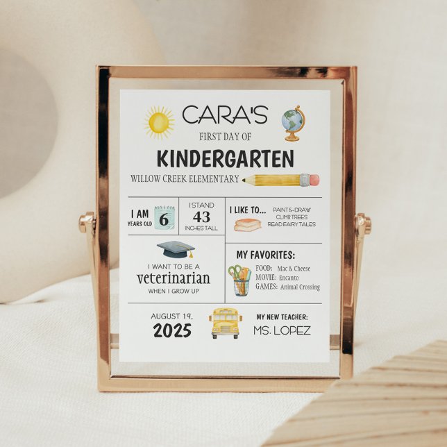 Póster Primer día de Rótulo escolar en guardería (First Day of School Kindergarten Sign)