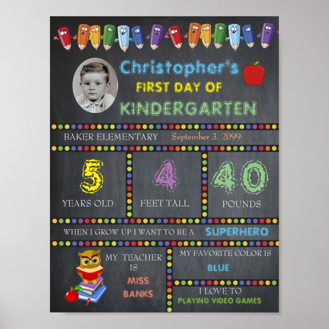 Póster Primer día de Rótulo infantil, Chalkboard (Frente)