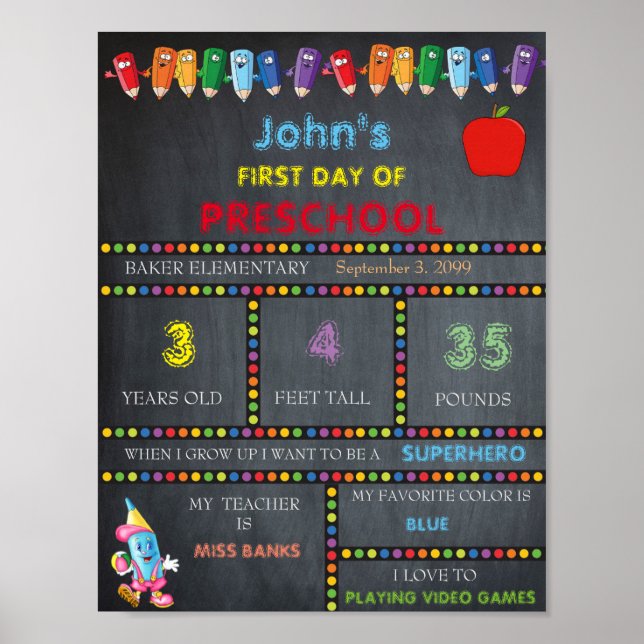 Póster Primer día de Rótulo preescolar, primer grado (Frente)