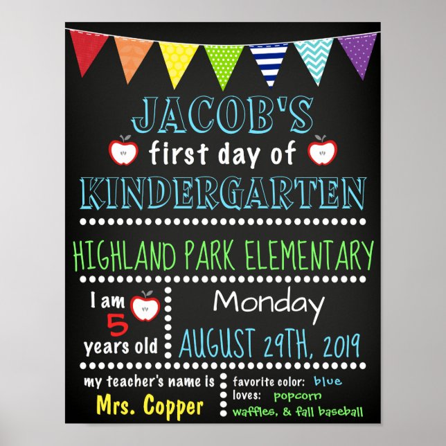 Póster Primer día del Poster de Kindergarten Chalkboard (Frente)