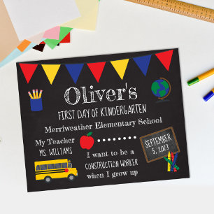 Póster Primer día escolar Rótulo de Chalkboard para niños
