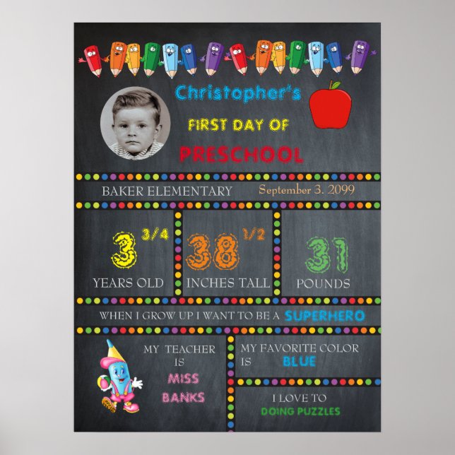 Póster PRIMER DÍA PREESCOLAR, cartel de pizarra,foto (Frente)