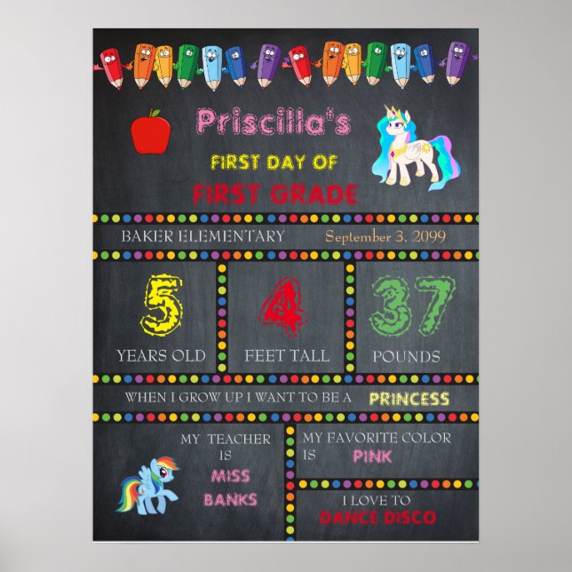 Póster Primer grado chica de guardería, cartel de pizarra (Frente)