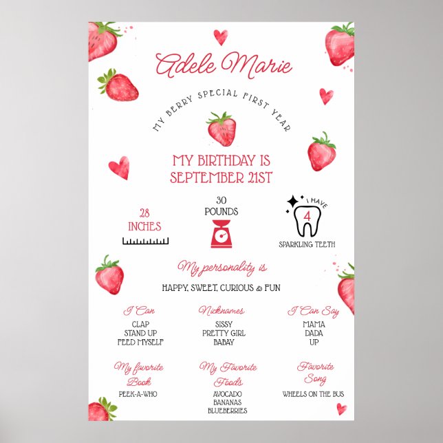 Póster Primer hito de cumpleaños de fresa (Frente)