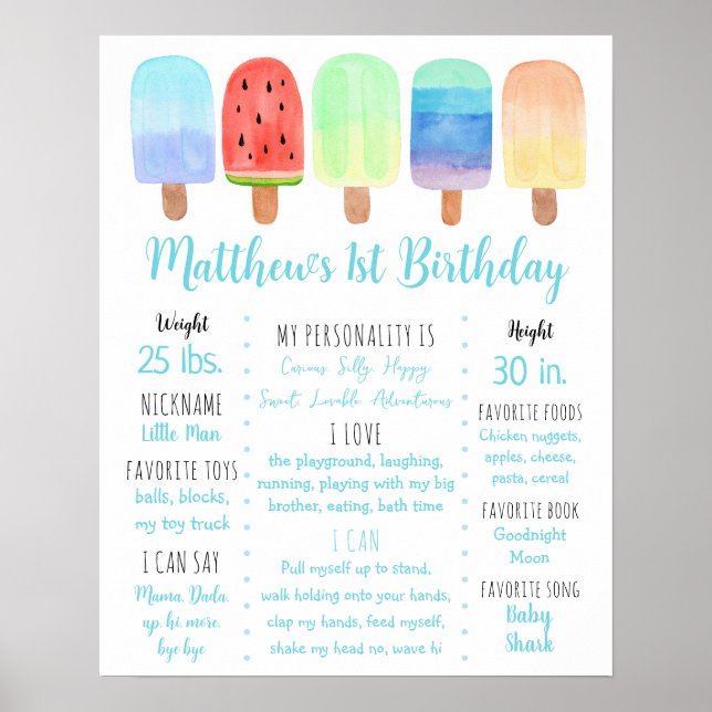 Póster Primer hito de cumpleaños de Popsicle Blue Boy (Frente)
