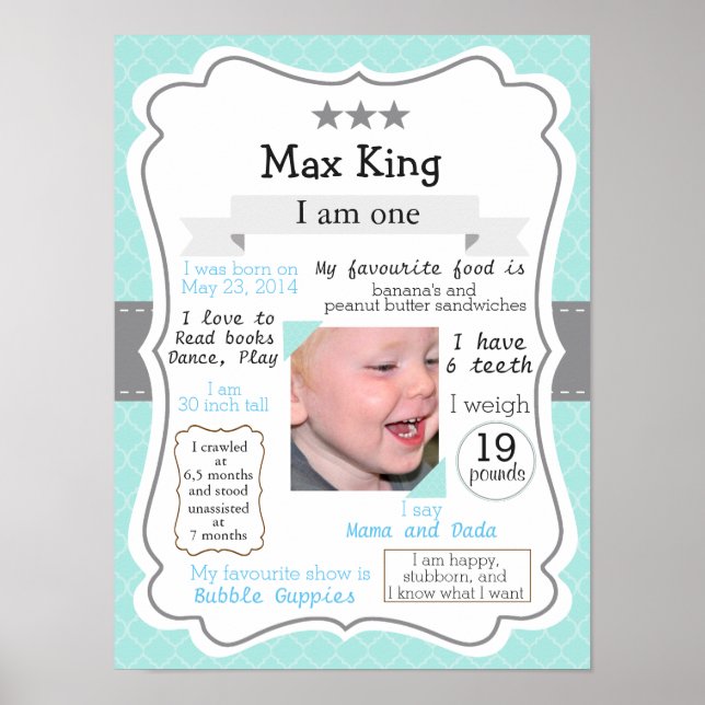 Póster Primer poster de cumpleaños, azul para un niño (Frente)