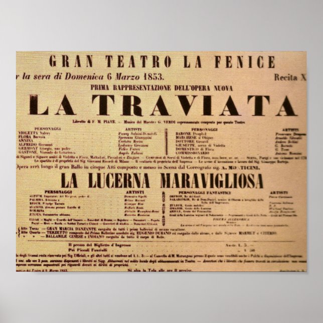 Póster Primer Poster mundial de La Traviata (1853) (Frente)