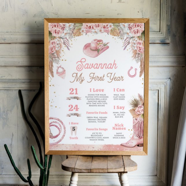 Póster Primer Rodeo del Boho Rosado Primer hito de cumple (Pink Boho First Rodeo 1st Birthday Milestone 18x24 Poster)